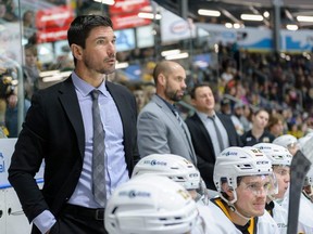 Sarnia Sting associate head coach Brad Staubitz is behind the bench during an Ontario Hockey League game at Progressive Auto Sales Arena in Sarnia, Ont. Staubitz has left the Sting, after eight years, to move to the United States with his family. (Metcalfe Photography)