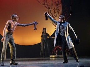 Marcus Nance as The Creature (left) and Charlie Gallant as Doctor Victor Frankenstein with Laura Condlln as Mary Shelley in Frankenstein Revived. Stratford Festival 2023. (Photo by Cylla Von Tiedemann)