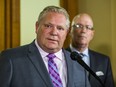 Ontario Premier Doug Ford and Minister of Municipal Affairs and Housing Steve Clark, address media outside of the Premier's office at Queen's Park in Toronto, Ont. on Monday, May 27, 2019.