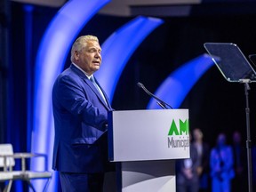 Ontario premier Doug Ford speaks during the Association of Municipalities of Ontario conference at the RBC Place in London on Monday.
