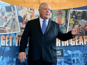 Ontario Premier Doug Ford addresses graduates of a LiUNA!625 construction workers training program in Windsor on June 1, 2023.
