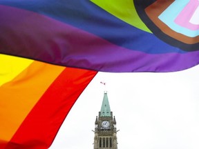 A Pride flag flies on Parliament Hill in Ottawa on Thursday, June 8, 2023.