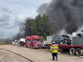 Chatham-Kent fire crews are battled a scrapyard blaze at A. Gold and Sons in Chatham on Wednesday Sept. 6, 2023. (Supplied)