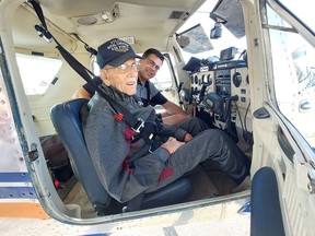 Ninety-nine-year-old Jack Custance is seen here Monday with local pilot Steve Moerman before they took off in Moerman's Cessna 150 for a flight around the area. (Ellwood Shreve/Chatham Daily News)