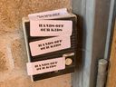 Anti-transgender stickers cover a buzzer at a London office for a CUPE local that represents area education workers.  Stickers were affixed to doors, mailboxes, lights and windows on Monday night at three CUPE offices in London.  (Submitted photo)