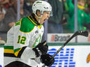 Kasper Halttunen celebrates his first goal with the London Knights in a game at Budweiser Gardens against the Niagara IceDogs on Friday Sept. 29, 2023. Mike Hensen/The London Free Press