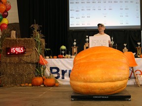 John Butler's 724.16 kilogram pumpkin earned the St. Thomas native first prize and $3,000 at Pumpkinfest 2023 in Port Elgin on Saturday, Sept. 30, 2023. (Greg Cowan/Postmedia Network)