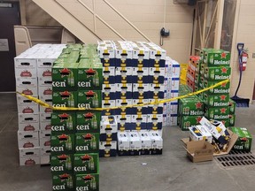 Part of the 326 cases of beer seized by OPP on Highway 401