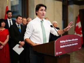 Prime Minister Justin Trudeau makes an announcement that the government will double the carbon price rebate for rural Canadians beginning next April during a news conference in Ottawa on Thursday, Oct. 26, 2023.