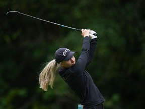 Maddie Szeryk, of Canada, tees off on the 13th hole during the pro-am at the LPGA CPKC Canadian Women's Open golf tournament, in Vancouver on August 23, 2023.