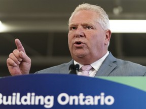 Ontario Premier Doug Ford delivers remarks at Lakeshore Collegiate Institute in Toronto on Thursday, Aug. 31, 2023.