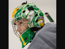 London Knights goalie Michael Simpson is shown wearing a mask that bears among other things an image of cartoon legend Bart Simpson. Mike Hensen/The London Free Press