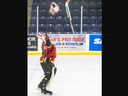 Leaside Flames goalie Nolan Granander celebrates after winning the U13 select division final at the Dan Pulham minor hockey tournament at Western Fair Sports Centre in London on Sunday December 3, 2023. The Flames defeated the Burlington Bulldogs 2-1. Derek Ruttan/The London Free Press