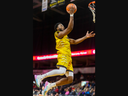 Freddie McSwain of the London Lightning flies in for an east two points in their Basketball Super League game against the Rhode Island Kraken, who were only dressing eight players, at Budweiser Gardens on Friday Jan. 19, 2024. Mike Hensen/The London Free Press