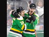 London Knights players Kasper Halttunen (left) and Kaleb Lawrence celebrate Lawrence’s goal during their OHL game against the Owen Sound Attack at Budweiser Gardens in London on Sunday January 14, 2024. Derek Ruttan/The London Free Press/Postmedia Network
