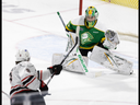 London Knights goalie Michael Simpson denies Ben Cormier during their OHL game against the Owen Sound Attack at Budweiser Gardens in London on Sunday January 14, 2024. Derek Ruttan/The London Free Press
