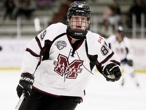 Chatham Maroons player David Brown plays against the LaSalle Vipers at Chatham Memorial Arena in Chatham on Sunday, Oct. 15, 2023. (Mark Malone/Chatham Daily News)