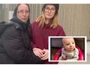 Cameron Kay was sentenced on Wednesday, Feb. 7, 2024, in a London court to seven years in prison for manslaughter in the 2019 death of his three-month-old daughter Aislinn Easton-Kay (insert). Outside the London courthouse, Aislinn’s grandmother and mother, Tracy Easton, left, and Dominique Easton, said they were satisfied with the sentence. (Jane Sims/The London Free Press)