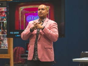 La Cage aux Folles director Thom Allison addresses the cast and crew Tuesday during rehearsal at the Avon Theatre. (Ann Baggley/Stratford Festival)