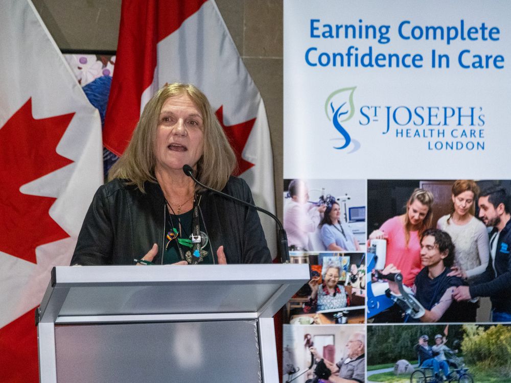 Cheryl Forchuk, assistant scientific director at Lawson Health Research Institute, speaks at a news conference on Monday, March 25, 2024, at LHSC about a program to help London Health Sciences Centre and St. Joseph’s Health Care London lower barriers to treatment for drug users. (Derek Ruttan/The London Free Press)