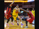 JD Tisdale of the London Lightning drives in between Ja’Myrin Jackson and Duane Notice of the Sudbury Five during their Basketball Super League game at Budweiser Gardens in London on Tuesday March 5, 2024.
Mike Hensen/The London Free Press/ Postmedia Network