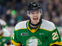 Kaleb Lawrence of the London Knights celebrates his first Ontario Hockey League playoff goal with a wraparound against the Flint Firebirds at Budweiser Gardens in London on Friday March 29, 2024. Mike Hensen/The London Free Press/Postmedia Network