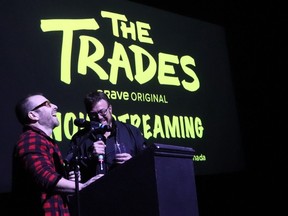 Ryan Lindsay, left, creator of the TV series, The Trades, and star Robb Wells, share a laugh while speaking to a full house at a private screening Saturday at the Imperial Theatre in Sarnia. Lindsay, who is from Sarnia, was inspired by stories told by his younger brothers working in the trades to create the show now streaming on Crave.