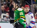 LIVE: Round 2, Game 2 – London Knights vs. Kitchener Rangers 6 Kaleb Lawrence of the London Knights celebrates a goal as Olivier Savard of the Kitchener Rangers looks on during their Ontario Hockey League playoff game at Budweiser Gardens on April 11, 2024. (Mike Hensen/The London Free Press)