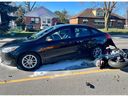 London police and firefighters responded to a crash involving a car and motorcycle at the intersection of Oxford Street and Wethered Street on Saturday, April 6, 2024. (London fire department photo)