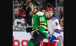 Kaleb Lawrence of the London Knights celebrates a goal as Olivier Savard of the Kitchener Rangers looks on during their Ontario Hockey League playoff game at Budweiser Gardens on April 11, 2024. (Mike Hensen/The London Free Press)
