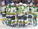 The London Knights celebrate their OHL playoff series-clinching victory over the Kitchener Rangers at the Auditorium in Kitchener on Thursday, April 18, 2024. The Knights won the game 4-3 and the series 4-0. (Derek Ruttan/The London Free Press)