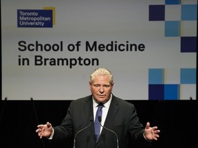 Ontario Premier Doug Ford speaks as he holds a news conference regarding Toronto Metropolitan University's new school of medicine in Brampton on Friday, Jan. 27, 2023.