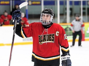 Blenheim Blades' Craig Spence celebrates a goal against the Dresden Kings at the Ken Houston Memorial Agricultural Centre in Dresden, Ont., on Friday, Dec. 29, 2023. (Mark Malone/Chatham Daily News files)