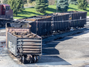 Rail cars that were burning as a Canadian Pacific Kansas City train travelled through London at about 10:45 p.m. on Sunday, April 21, 2024, are parked in a rail yard in the city on the following day. (Derek Ruttan/The London Free Press)