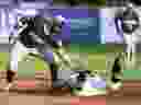 London Majors shortstop Tommy Reyes-Cruz (21) tags out Chatham-Kent Barnstormers' Braxton Haggith (23) at second base during an Intercounty Baseball League game at Fergie Jenkins Field at Rotary Park in Chatham on Tuesday, May 21, 2024. Mark Malone/Chatham Daily News/Postmedia Network