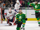 Oliver Bonk of the London Knights celebrates his goal in front of Oshawa Generals goalie Jacob Oster during Game 1 of the Ontario Hockey League championship series at Budweiser Gardens in London on May 9, 2024. (Mike Hensen/ The London Free Press)