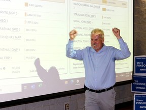 Progressive Conservative candidate Steve Pinsonneault raises his arms in victory after getting more than 56 per cent of the votes to win the Lambton-Kent-Middlesex byelection Thursday night. PHOTO Ellwood Shreve