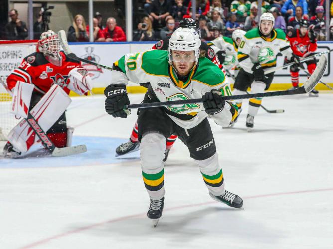 London Knights forward Ruslan Gazizov is shown during their Memorial Cup game against the Drummondville Voltigeurs in Saginaw, Michigan on May 25, 2024. (Eric Young/CHL)