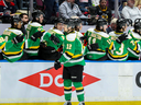 Kasper Halttunen and the London Knights celebrate a goal against the Saginaw Spirit at the Memorial Cup in Saginaw, Mich. on May 29, 2024. (Eric Young/CHL)