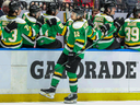 Kasper Halttunen and the London Knights celebrate a goal against the Saginaw Spirit at the Memorial Cup in Saginaw, Mich. on May 29, 2024. Eric Young/CHL
