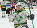 Kasper Halttunen of the London Knights celebrates a goal during their Memorial Cup game against the Moose Jaw Warriors in Saginaw, Mich. on May 27, 2024. Eric Young/CHL