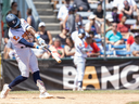 Victor Plaz of the London Majors bangs the ball into the outfield during their Intercounty Baseball League game against the Hamilton Cardinals at Labatt Park in London on Sunday June 16, 2024. Derek Ruttan/The London Free Press/Postmedia Network
