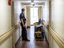 London police continued their investigation into the death of Cheryl Sheldon, 62, at a public housing complex at 345 Wharncliffe Rd. Photo taken on Monday June 24, 2024. (Derek Ruttan/The London Free Press)