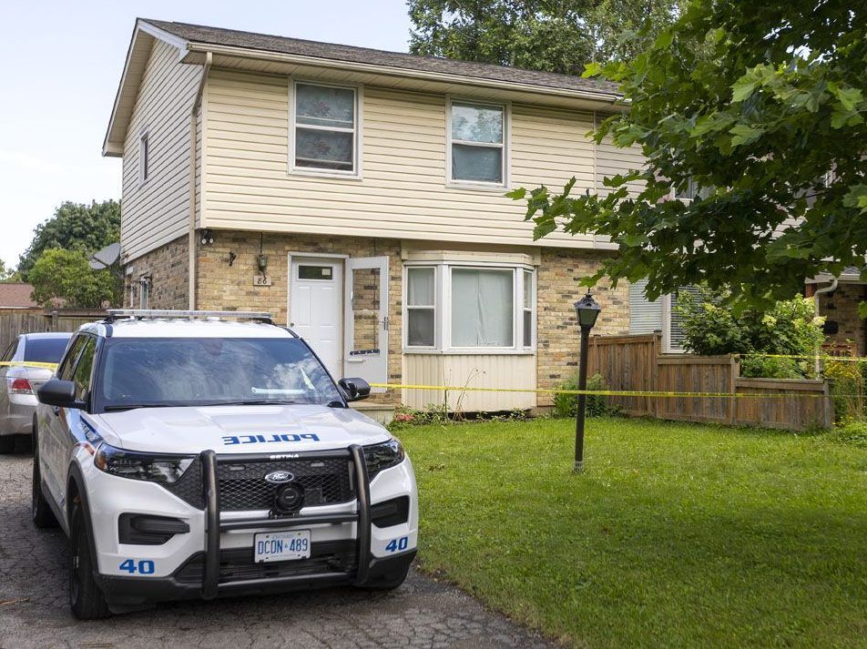 London police guard the scene of a police shooting on Wellesley Crescent in the east end of London.  Photograph taken on Wednesday July 17, 2024. (Mike Hensen/The London Free Press)