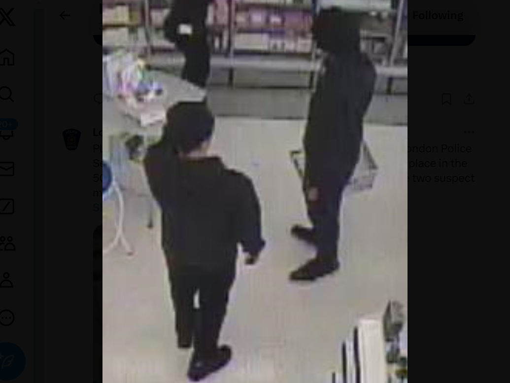 London police are seeking two suspects in the robbery of a pharmacy near the intersection of Commissioners Road and Wonderland Road on Monday, July 8, 2024. (Police handout)