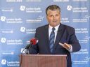 David Musyj, interim chief executive at London Health Sciences Centre, discusses the hospital's latest round of management job cuts at a media briefing at Victoria Hospital on Thursday, Sept. 5, 2024. (Derek Ruttan/The London Free Press)