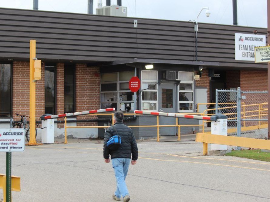 A worker enters London's Accuride plant at 31 Firestone Blvd. on Monday, Nov. 11, 2024. (Dale Carruthers/The London Free Press)