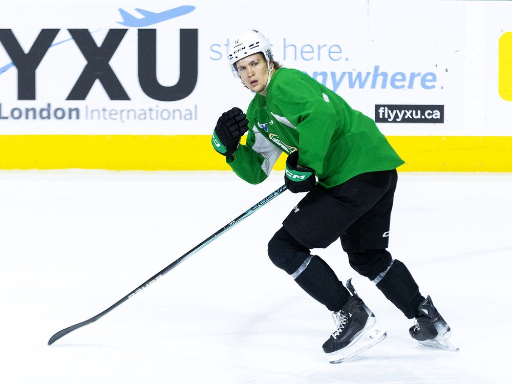 Kasper Halttunen flies up the ice during London Knights practice at Canada Life Place in London, Ont., on Thursday, Nov. 21, 2024. (Derek Ruttan/The London Free Press)