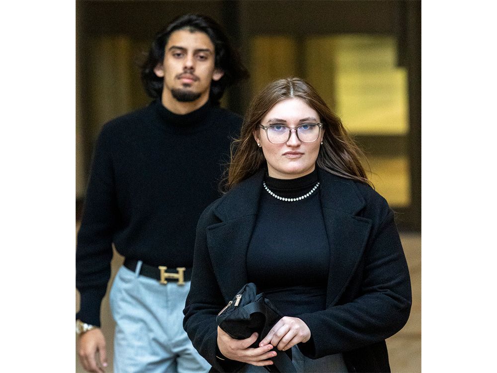Jessica Falardeau leaves the London courthouse after testifying at the second-degree murder trial of Emily Altmann and Carlos Guerra Guerra on Monday, Nov. 18, 2024. (Mike Hensen/The London Free Press)