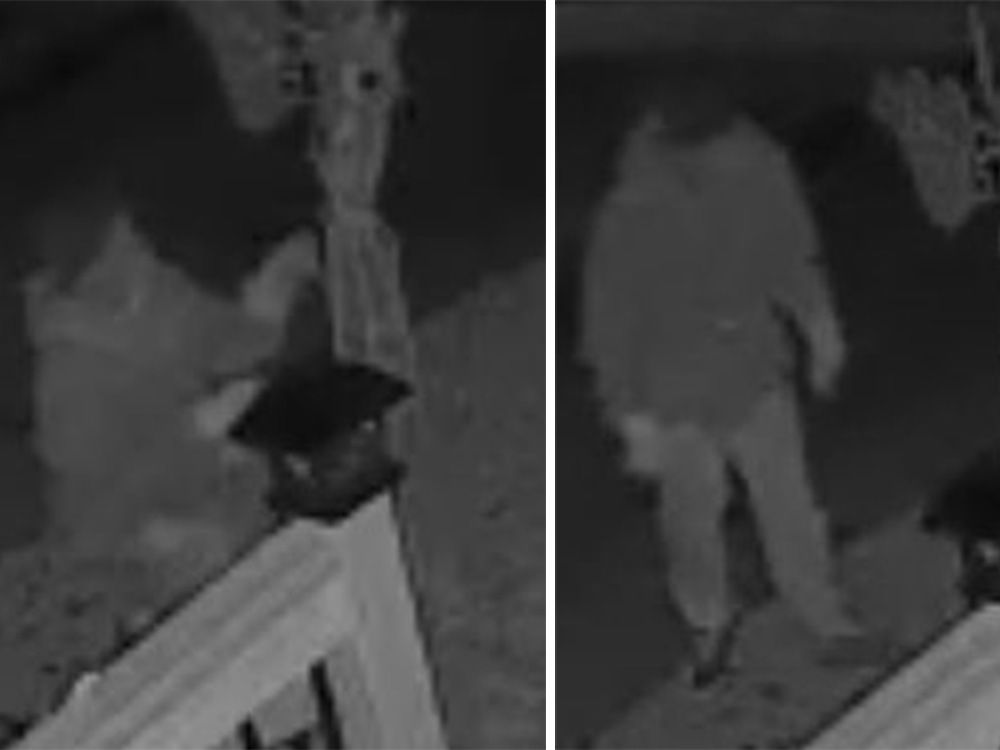 St. Thomas police released these two images of a suspect in a pair of Christmas decoration thefts from homes on Alexandria Avenue Wednesday Nov. 27, 2024. (St. Thomas police supplied photos)